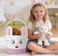 Panier de Pâques multifonctionnel en corde de coton écologique avec poignée et étiquette nominative, motif petit lapin de dessin animé, collection 2026, offre spéciale