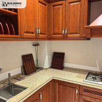 Buildgres Armoire de cuisine pratique en forme de L avec évier/plaque de cuisson au gaz/étagères de rangement et niche d'exposition et comptoir en granit