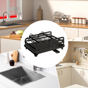 Kitchen Plates Bowls Organization 2 Tier Foldable Metal <b>Dish</b> Drying Rack with Drainboard - Product Image 2
