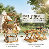 Table de pique-nique portable en bambou pour l'extérieur, étagère de cuisine pliable pour le camping avec assemblage sans outils pour le camping en famille et l'utilisation en cour.