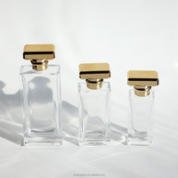 Flacon de parfum rectangulaire de luxe en verre transparent 50 ml avec bouchon doré/noir, flacon pulvérisateur de parfum vide, étiquette personnalisée pour l'emballage de parfums