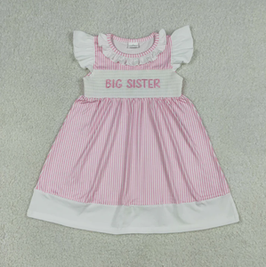 Vestido de verano transpirable con rayas rosas y mangas con volantes para hermanas, estilo smock, hasta la rodilla - Product Image 3