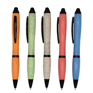 Khuyến mãi giá rẻ quảng cáo stylus bút thân thiện với môi rơm lúa mì nhựa có thể thu vào bóng bút với logo