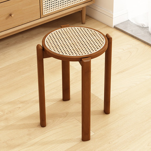 Round <b>Stool</b> With Rattan Top Solid Wood Legs For Home Dining Chair Use - Product Image 1