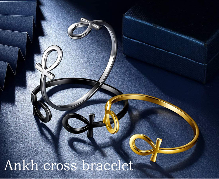 egyptian open adjustable men bracelet jewelry stainless steel black gold plated ankh cross custom cuff bangle