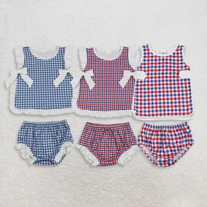 ชุดเสื้อผ้าเด็กผู้หญิงลายตารางผ้าไหมนมพร้อมโบว์น่ารัก - Product Image 1