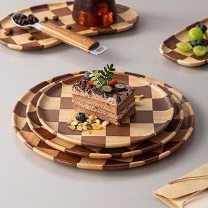 Checkerboard Wooden <b>Tray</b> Round Solid Wood Eco Friendly Serving <b>Tray</b> For Food Bread Snacks Fruit Hotel Coffee <b>Tea</b> - Product Image 1