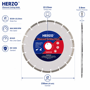 Lame de scie diamantée HERZO de haute qualité 230 mm/9 pouces, segment, OEM pris en charge pour <span class=keywords><strong>la</strong></span> coupe du bois et de <span class=keywords><strong>la</strong></span> pierre, compatible avec les meuleuses d'angle - Product Image 4