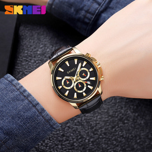 Skmei Men's Quartz Watch Black Leather Strap Chronograph Waterproof Date Display Round Fashion Watch - Product Image 4