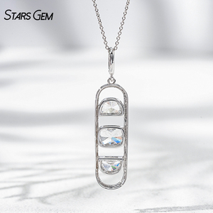 StarsGem Fine Jewelry 18K Solid Gold Vintage Rhodium Plated Lab Grown Diamond Three-<b>Stone</b> Pendant 2ct Cushion Cut Bezel Necklace - Product Image 4