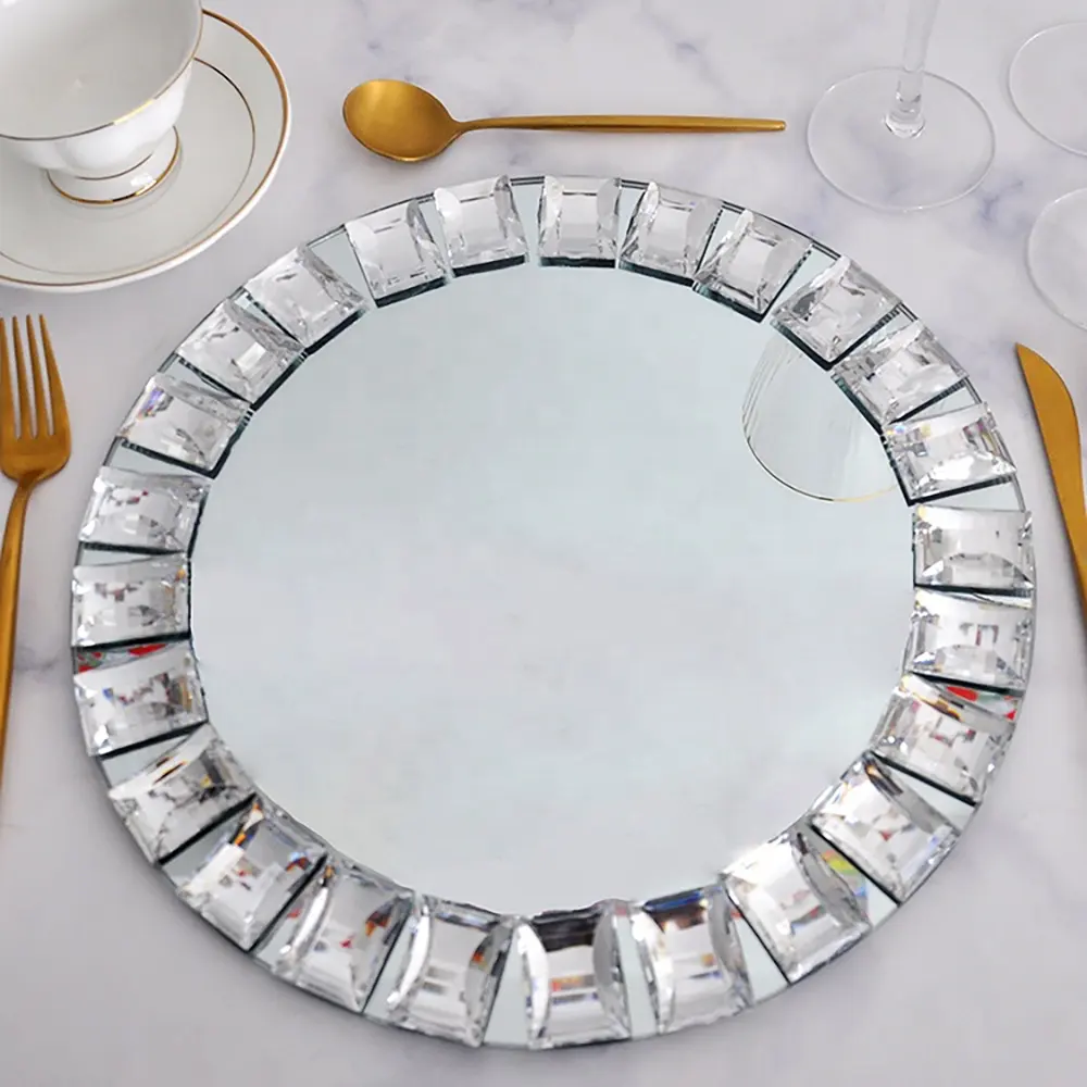 Bruiloft Decoratieve Diamond Ronde Zilveren Spiegel Glas Lader Platen Voor Verkoop