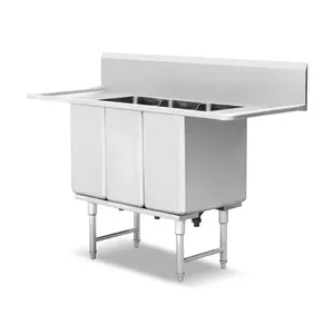 Floor Mount 3 Compartment Commercial Stainless Steel Kitchen Sink Washing Basin With High Back Splash