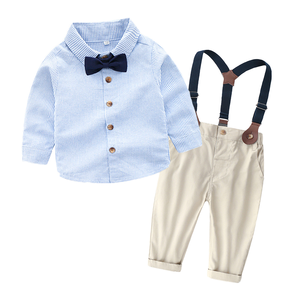 Tenue décontractée coréenne pour enfants Chemise à rayures à manches longues avec nœud papillon et <span class=keywords><strong>salopette</strong></span> pour <span class=keywords><strong>garçon</strong></span> Ensemble deux pièces printemps - Product Image 6