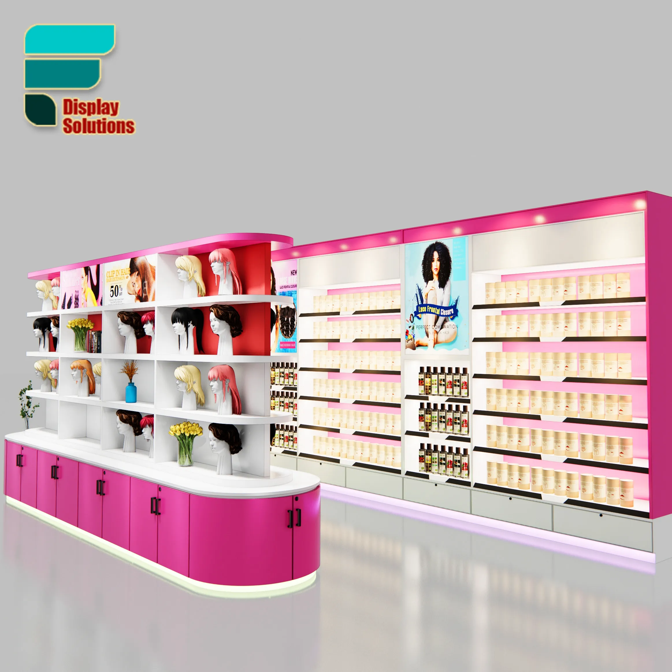Factory Beauty Supply Store Layout Design Hair Store Display Rack mit Strip Light Perücke Store Display Regale