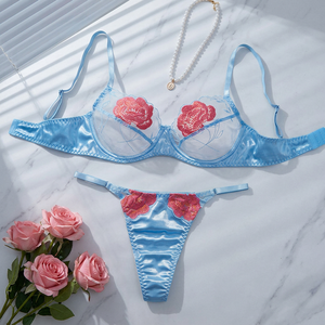 Wholesale Blue Satin <b>Rose</b> Embroidery Sexy Lingerie Set Breathable <b>Light</b> Sheer Mesh Underwire Bra and Thong Panties Set 2 Piece - Product Image 3