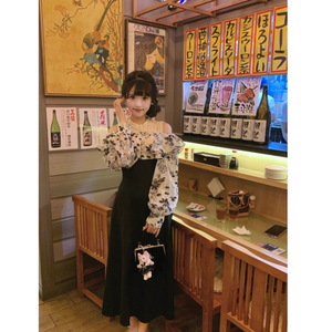 Japanese Style Ink Floral Ruffle Patchwork Dress Off-Shoulder Tight Waist Party Casual Dress - Product Image 4