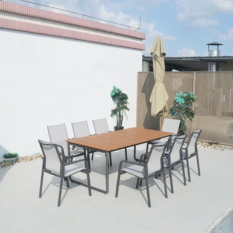 Meubles d'extérieur en teck Table à manger en bois de teck de patio avec chaises empilables pour hôtel d'extérieur ensembles de meubles de jardin d'extérieur