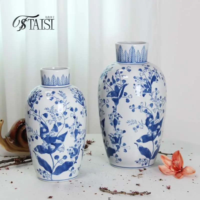 V191 Vaso de porcelana 11.4 POLEGADAS Vaso de cerâmica antigo para casa vaso chinoiserie azul e branco