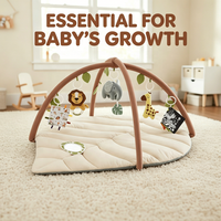 Tapis de jeu rembourré pour bébé avec coussin de soutien en forme de croissant, panneau tactile et jouets suspendus Safari, pour chambre d'enfant, marque privée, vente en gros