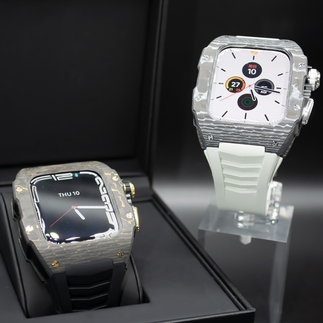 Trendy Design 44mm 45mm I Watch Series 6 7 8 Protective Cover with Rubber Strap Band Carbon Case for Appl Watch