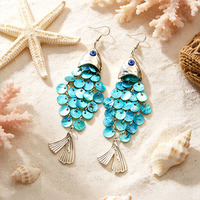 EM4005 Boucles d'oreilles pendantes pour femmes, motif œil porte-bonheur, pampilles, coquillages naturels et paillettes, style bohème plage, audacieuses