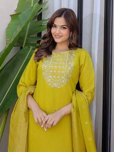 Kurta De Seda Pura Regular Bordado Floral Amarillo Con Pantalón Con Dupatta - Product Image 2