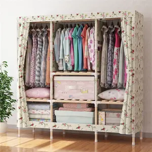 3-cột bằng gỗ có thể gập lại tủ quần áo di động Closet Oxford vải Canvas tủ quần áo DIY lưu trữ tổ chức tủ