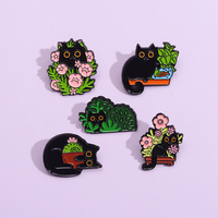 Broche en émail souple chat noir, broche en métal chat kawaii, broche plante, badge animal mignon, fleur, cactus, cadeau, vente en gros, épingles de revers
