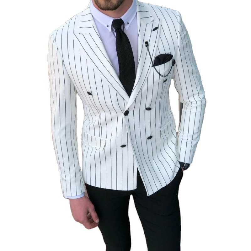 Custom Made White Stripe Jacket & Black Slim Fit Pant Tuxedos for Men - Ideal Groom Wedding Suits, 2 Pcs Blazer Set Custom Made White Stripe Jacket & Black Slim Fit Pant Tuxedos for Men - Ideal Groom Wedding Suits, 2 Pcs Blazer Set