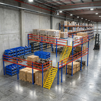 Plateforme de mezzanine d'entrepôt en structure acier, plateforme de stockage à deux niveaux, rayonnage de mezzanine avec escalier et garde-corps de sécurité