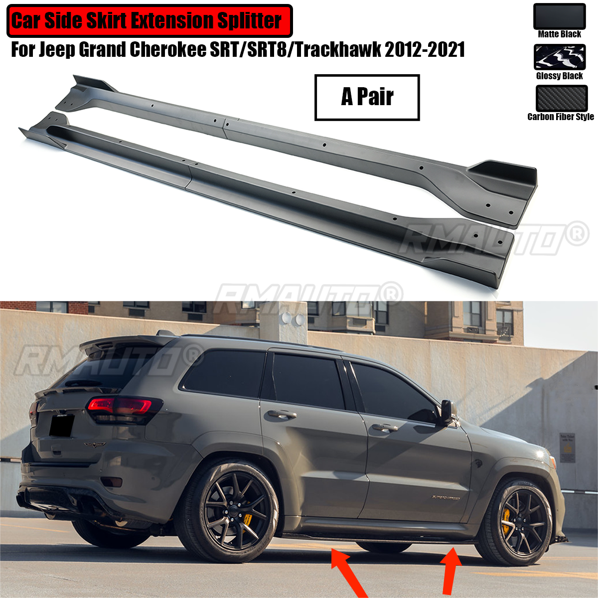 車用サイドスカートエクステンションスプリッター ジープ グランドチェロキー SRT/SRT8/トラックホーク 2012-2021 プ 車用サイドスカート延長スプリッター ペア と互換性がある ジープ グランドチェロキー SRT/SRT8/トラックホーク 2012-2