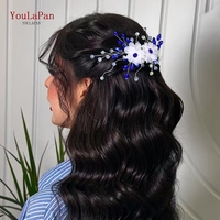YouLaPan Jepit Rambut Bunga Berlian Imitasi Biru Jepit Rambut Pengantin Kristal Tenun Tangan Aksesori Rambut Pernikahan untuk Pemotretan Pesta