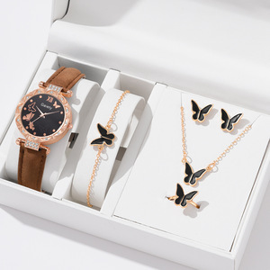 Montre à Quartz avec Cadran Analogique Affichage Charme Bracelet en PU 5 Pcs Ensemble Montre Femmes Bague Collier Boucle D'oreille Kit dans une Boîte <span class=keywords><strong>Cadeau</strong></span> - Product Image 4