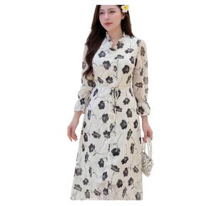 Women’s Floral Chiffon Long Sleeve Midi Dress Ruffle Collar Button Front Tie Waist A Line Dress OEM ODM from Vietnam - Product Image 1