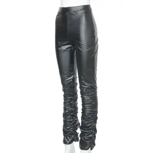冬季新款厚黑色Pu皮裤弹力高腰性感女叠褶裤