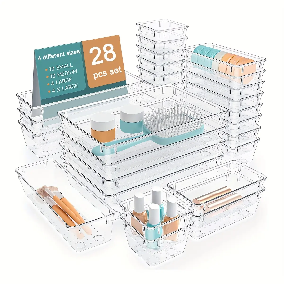 6/13/28pcs Multifunctional Clear Drawer Organizer Set 4-Size Drawer Organiser Trays For Makeup/Jewelries/Office/Bathroom