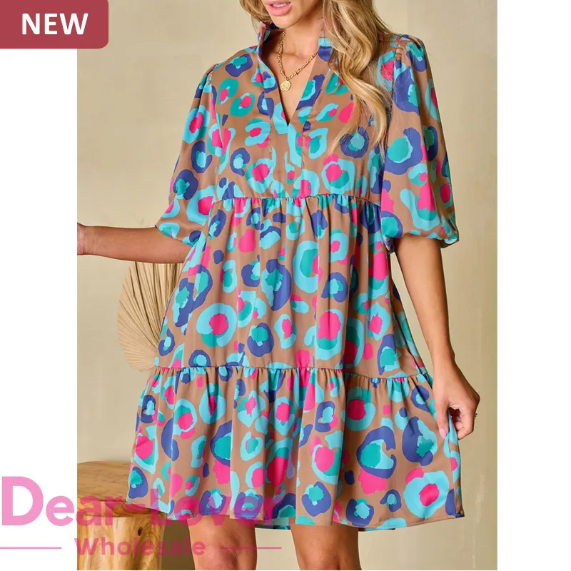 Dear-Lover venta al por mayor 2024 ropa Bohemia verano Mujer moda lindo Floral cuello en V escalonado volante corto Mini vestido bohemio