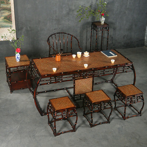 Chinese Bamboo Tea <b>Table</b> Set Ming Song Style Oblong Rattan Top 4 Seater Restaurant Furniture - Product Image 3