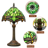 Lampe de bureau en verre teinté style campagnard américain, motif libellule verte, abat-jour en dôme, E26, LED, pour chambre à coucher, chevet, usage domestique