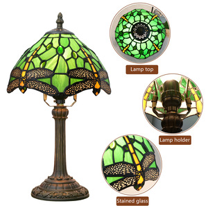 American Country Tifany <strong>Stained</strong> <strong>Glass</strong> Desk <strong>Lamp</strong> Green Dragonfly Design Dome <strong>Shade</strong> E26 Farmhouse LED Bedroom Bedside Room Use - Product Image 3