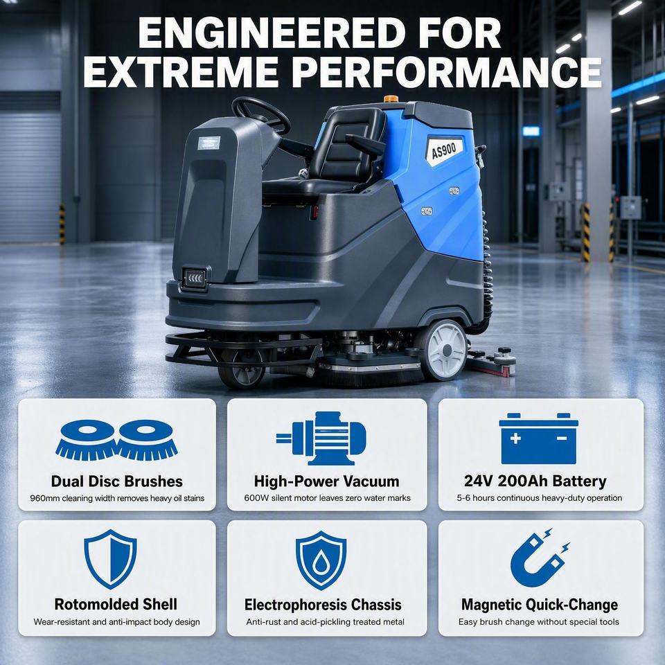 Industrial Floor Scrubber AS900 2500W Dual Brush Battery Powered Ride ...