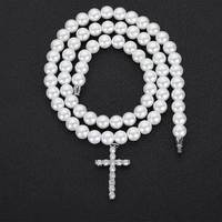 Collier à chaîne à maillons tendance personnalisé minimaliste géométrique en forme de croix imitation perle zircon plaqué argent pour unisexe fête