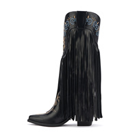 Bottes d'hiver classiques personnalisées, brodées, à talon carré en bois, style cowgirl, avec pompons et franges noires, montantes au-dessus du genou, pour automne/printemps