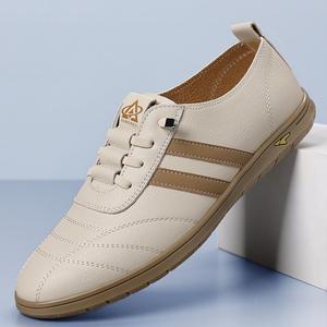 Koweigezi Men's Round Toe Boat Shoes <b>Lace</b>-up Breathable Rubber Outsole Summer Casual <b>White</b> Leather Style - Product Image 2