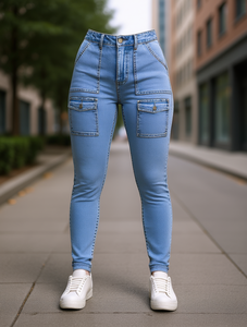 Jean skinny pour femme, taille haute, longueur intégrale, denim délavé, avec poches, style vintage, pour le printemps - Product Image 2