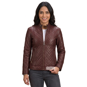 Quilted Leather <b>Jacket</b> Maroon Biker Outerwear Diamond Stitched Stand Collar Zip Coat Women Quilted Leather <b>Jackets</b> - Product Image 6