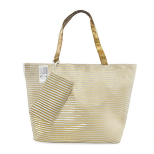 Borsa da spiaggia a righe oro e argento 57x37x17 cm con piccola borsa coordinata per copricostume - Product Image 1