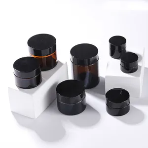 Pot cosmétique en verre ambré rond petit vide 10g 15g 20g 30g 50g 60g 100g 5g crème pour le visage avec couvercle noir