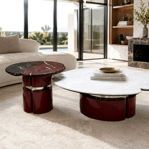 Ensemble de table basse moderne en pierre avec structure en acier inoxydable, design combiné, mobilier de luxe personnalisable pour la maison et l'hôtel - Product Image 1