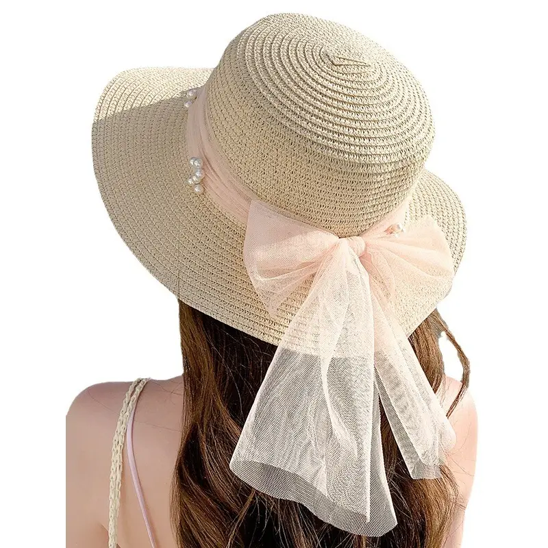 Fashion Elegant Flat Top Pearl Ribbon Straw Hat Women's Fresh Sweet Sun Hat Summer Travel Sun Hat Spot